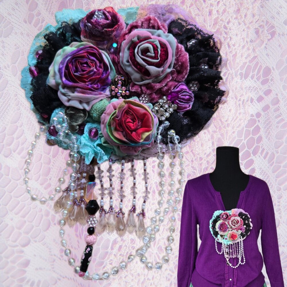 Handmade Lace & Bejeweled Rose Brooch Romantic Fairycore Art-to-wear
